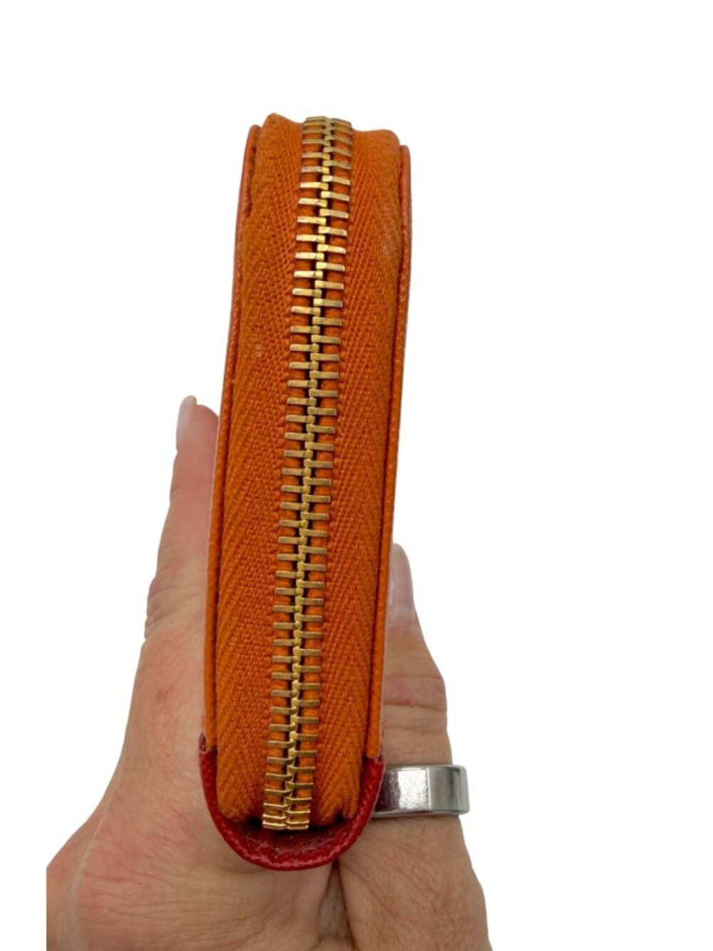 Prada Orange/Red Saffiano Leather Bicolor Zip Around Wallet featuring a gold log - Picture 10 of 12